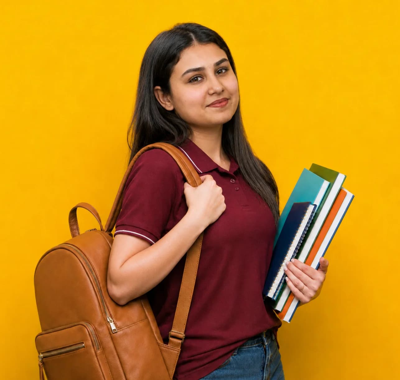 B.Des Interior & Space Design student with course books and backpack