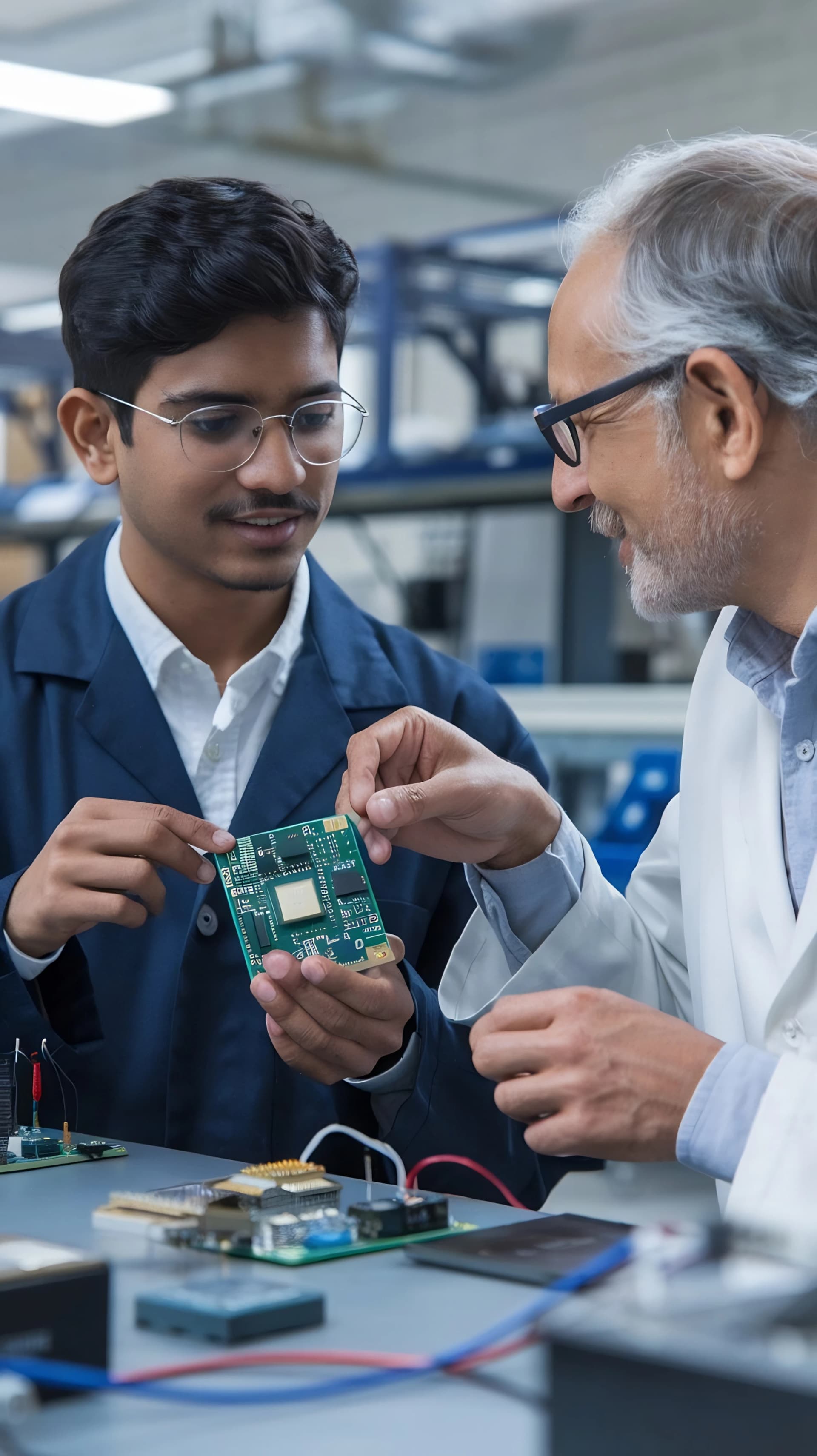E&TC student and faculty member examining a semiconductor circuit board