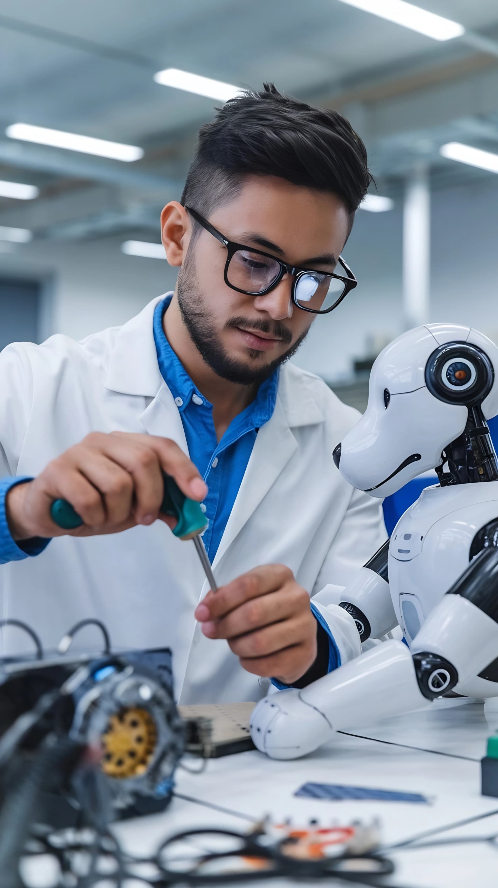 Mechatronics student and faculty member examining an automation system