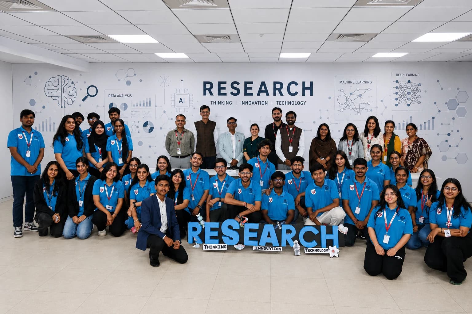 PCU research group in front of research signage