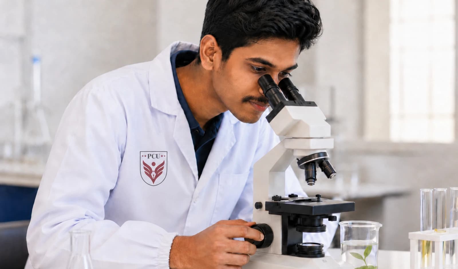 Pharmaceutical sciences scholar using a microscope in the research lab