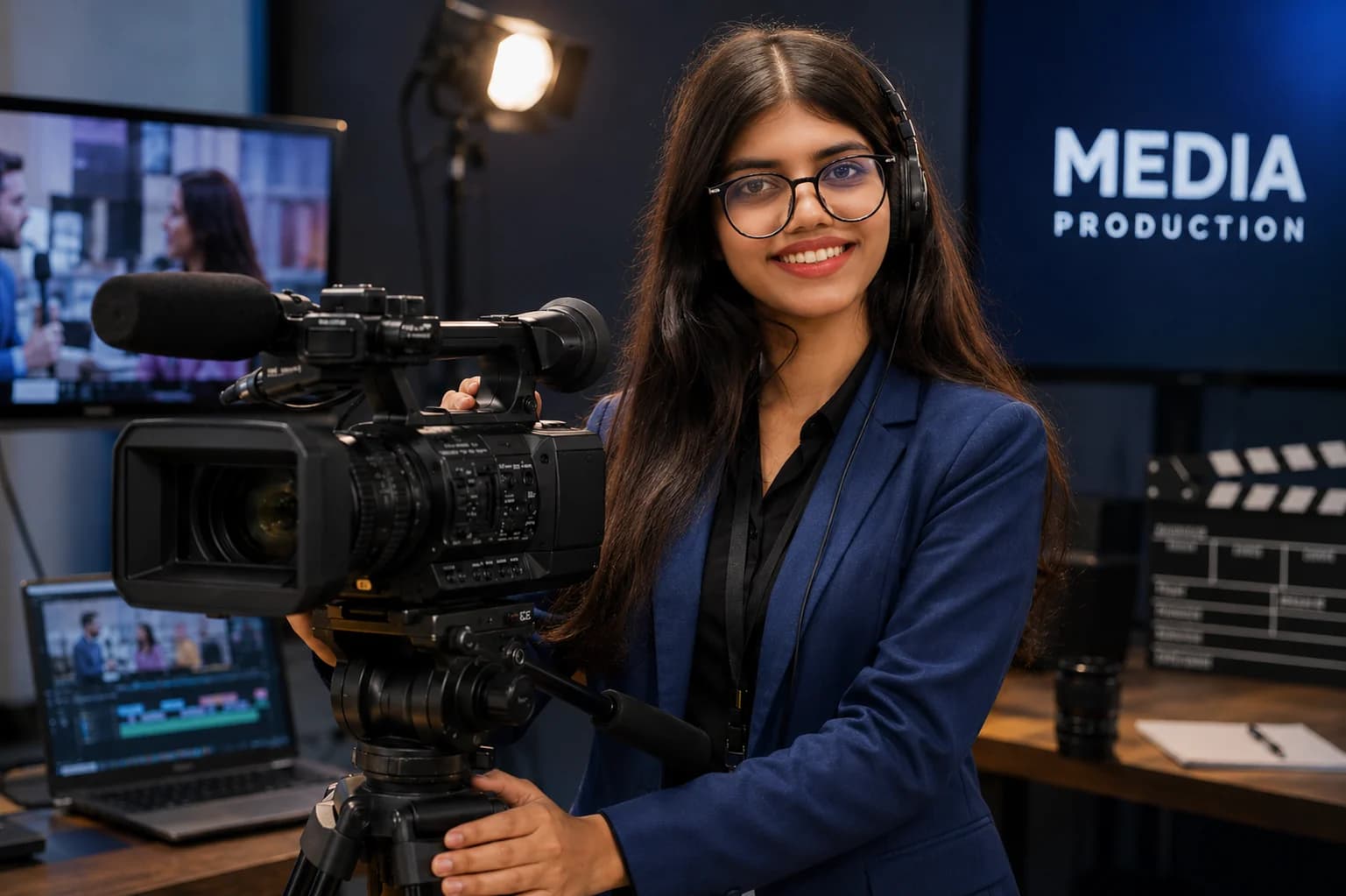 Media production student with professional camera equipment