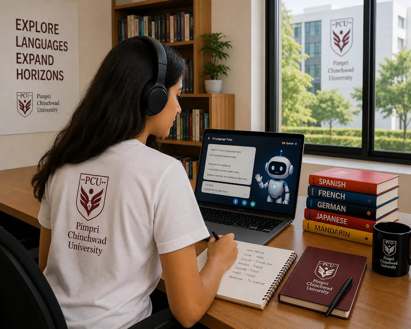 PCU student learning a foreign language at a desk with language books and a laptop