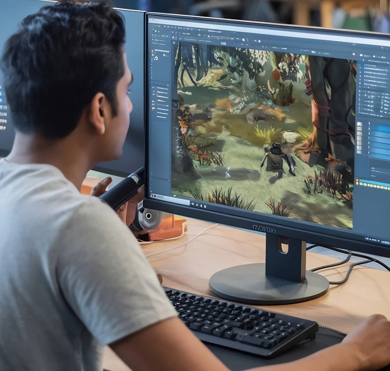 Animation & Game Design student building a game scene in a real-time engine