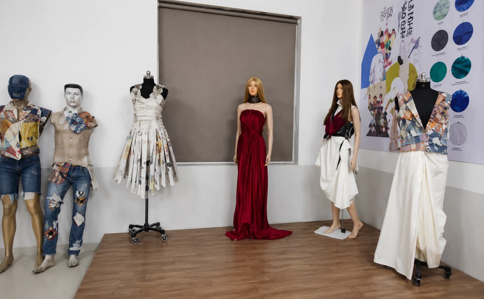 Student garments displayed on mannequins in the Fashion Communication & Styling studio