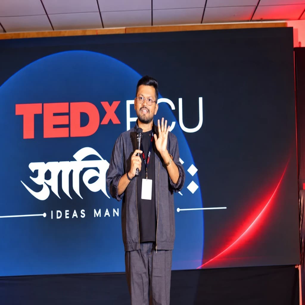 Speaker addressing the audience at TEDxPCU