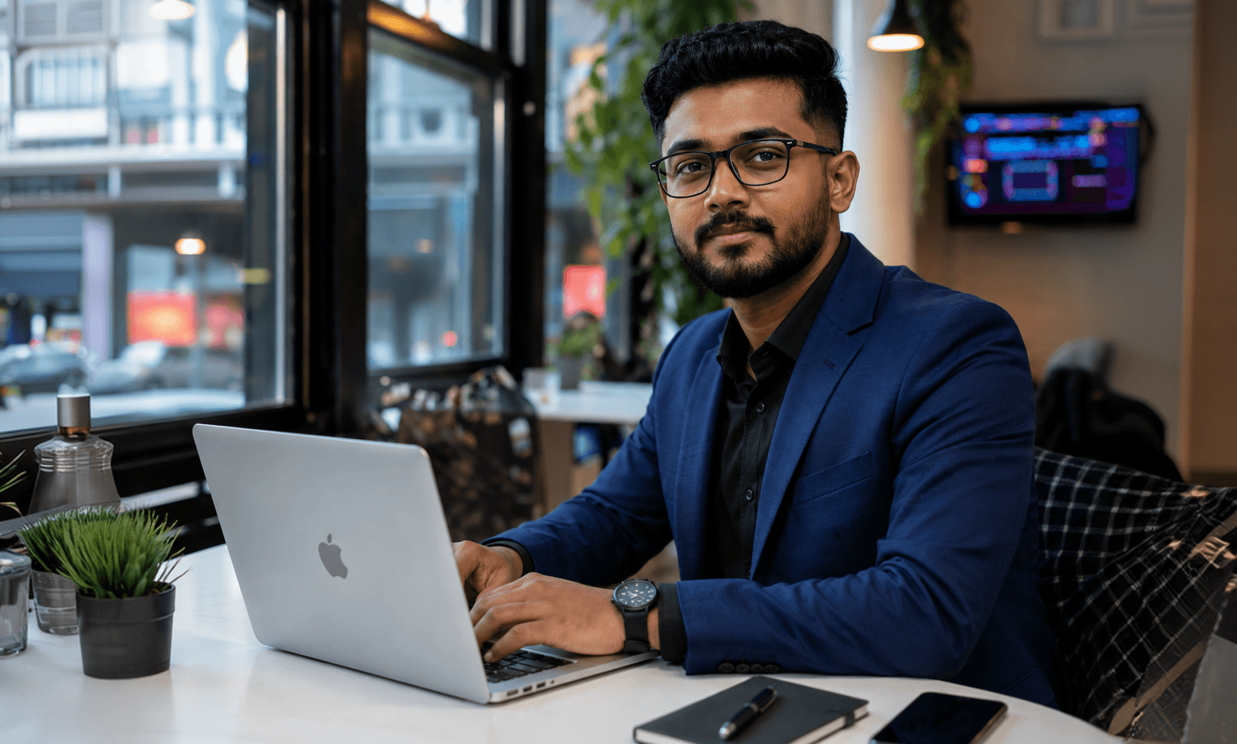 Research scholar working on advanced computing in a modern workspace