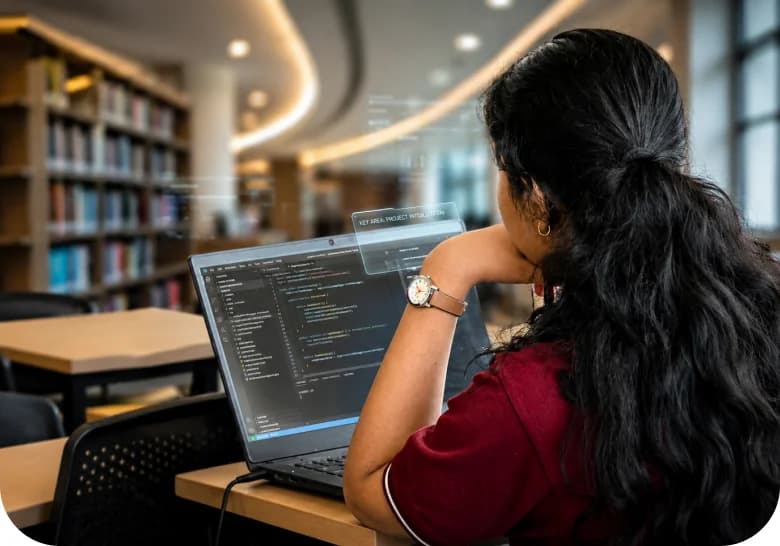 Ph.D. scholar working on a laptop in the university library