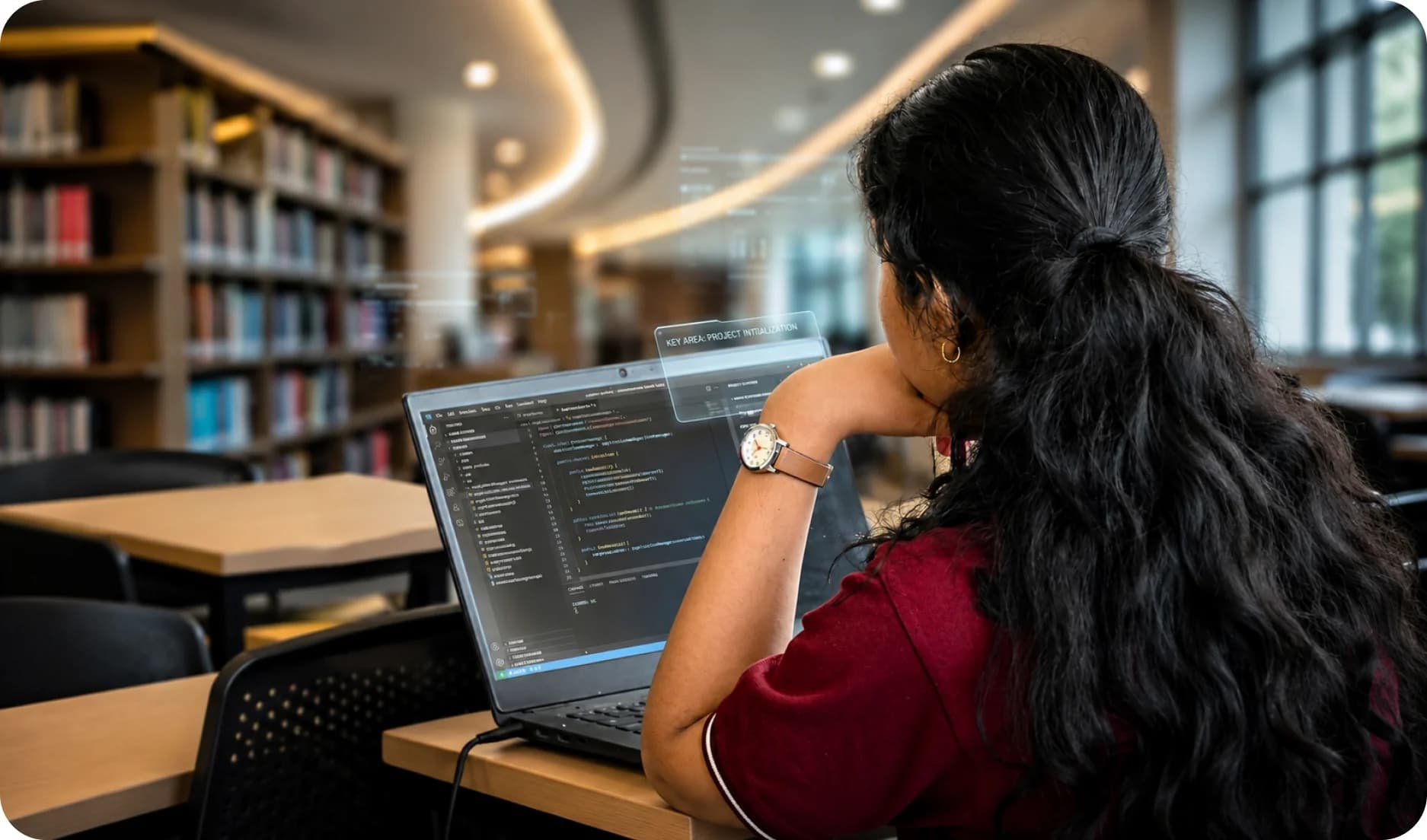 Ph.D. scholar working on a laptop in the university library