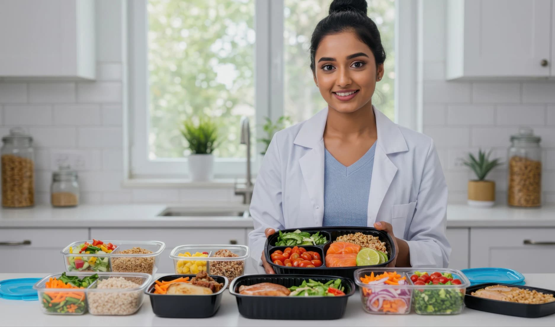 Nutrition scholar with healthy meal-prep containers in a modern kitchen lab