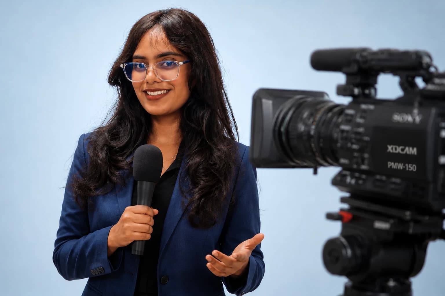 Student with professional microphone on a media set