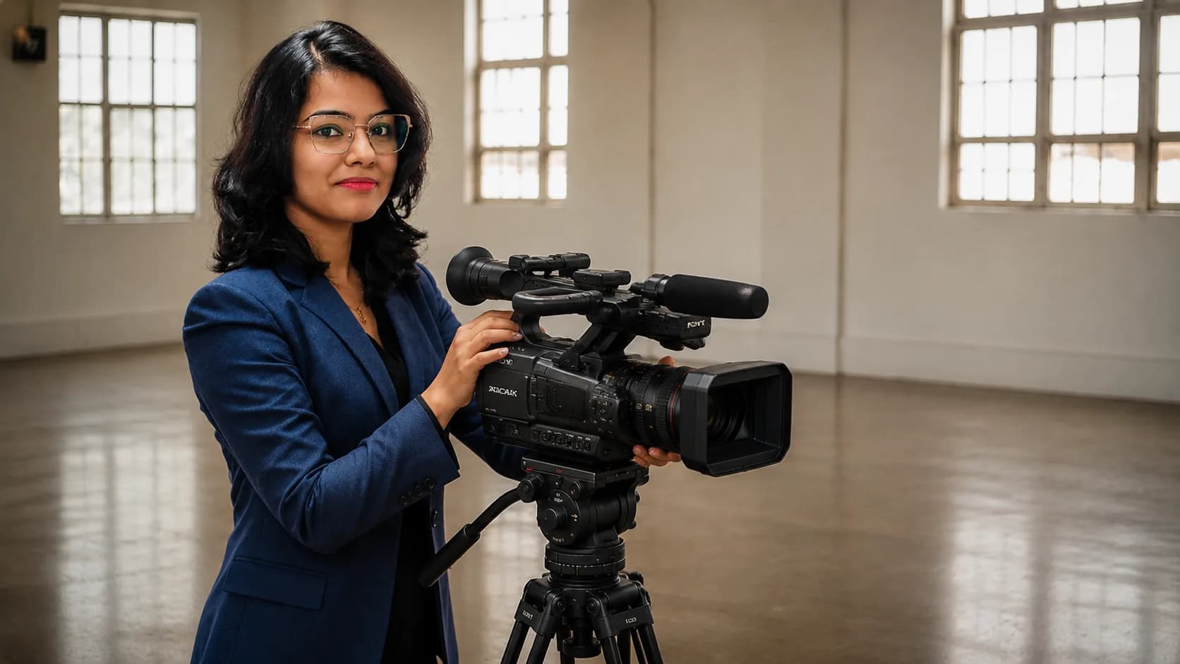Student filming with a professional video camera on a tripod