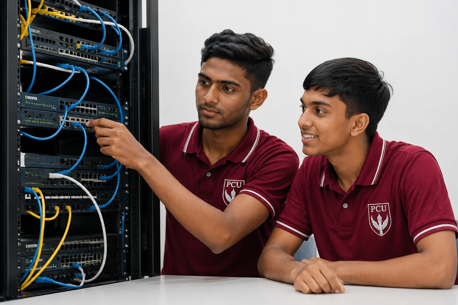 PCU M.Tech students working with networking and computing equipment