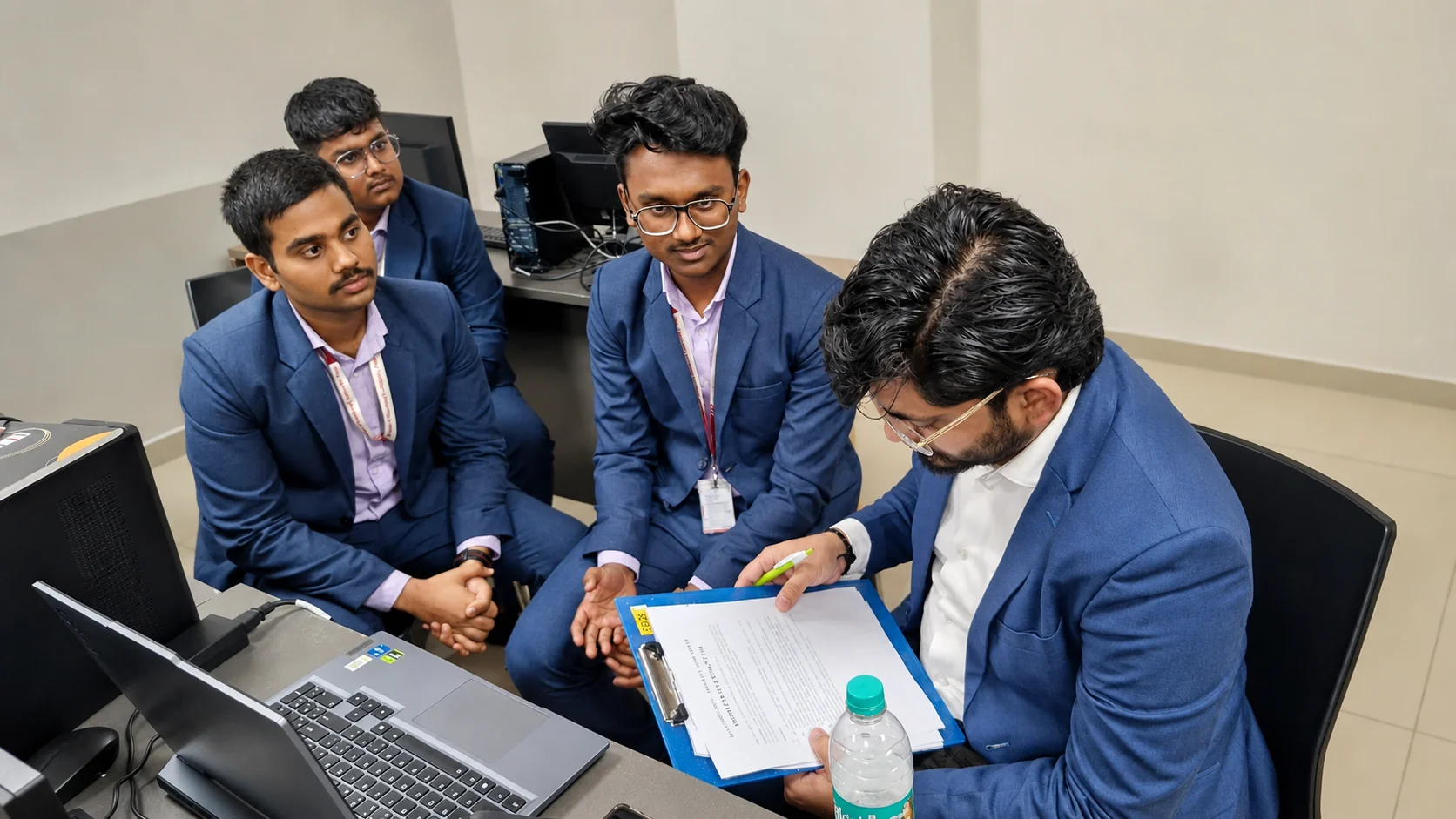 Faculty member mentoring M.Tech students during an academic review session