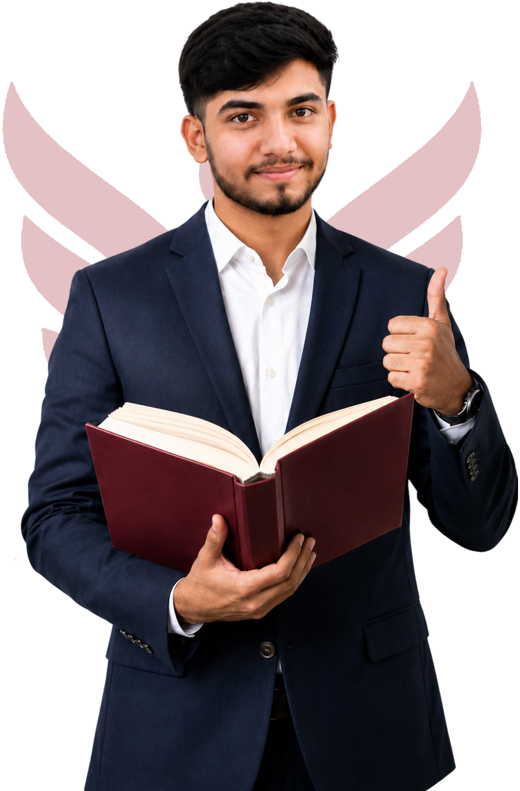Liberal Arts Ph.D. scholar with books and PCU crest watermark