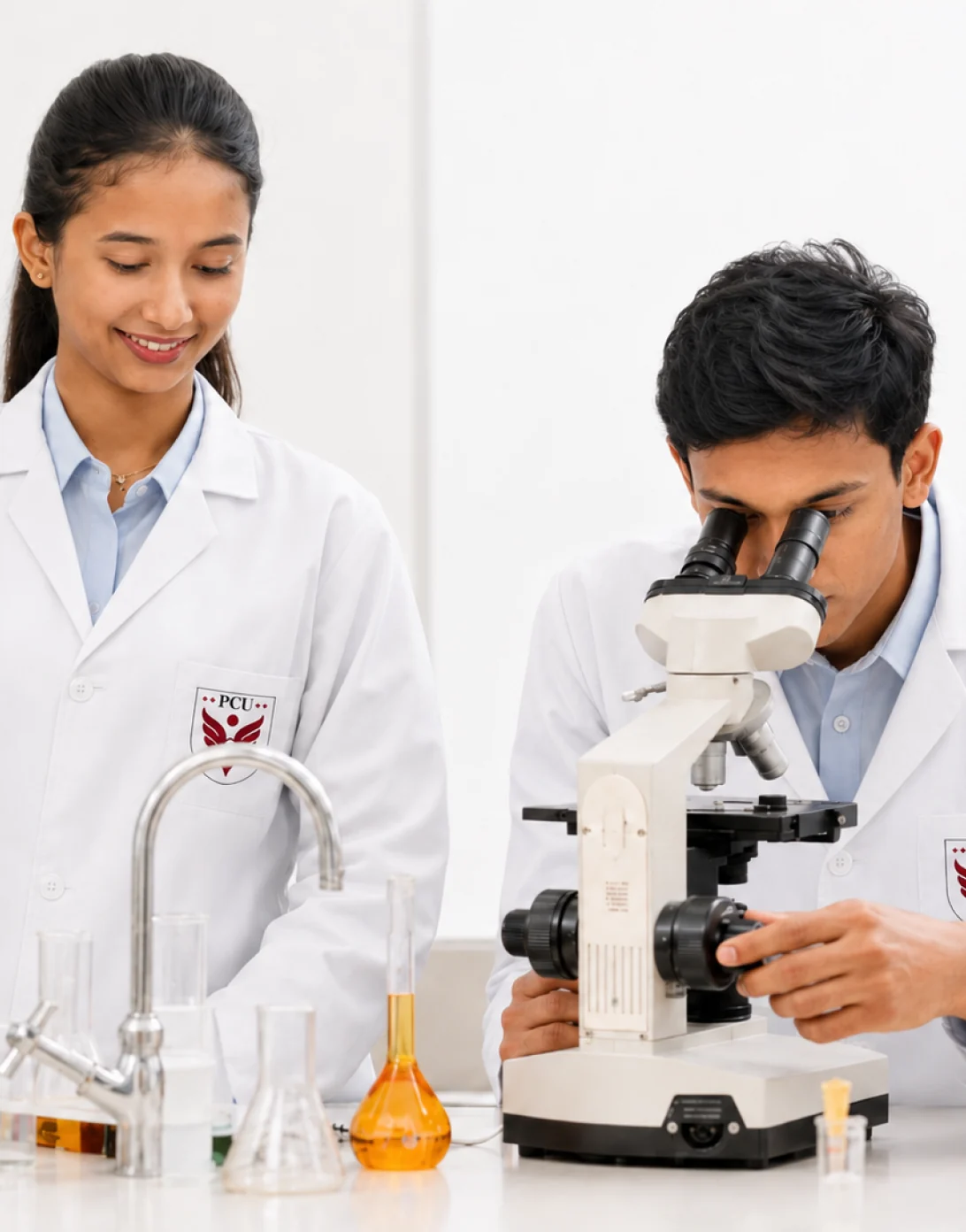 PCU pharmaceutical sciences scholars working with a microscope in the research lab