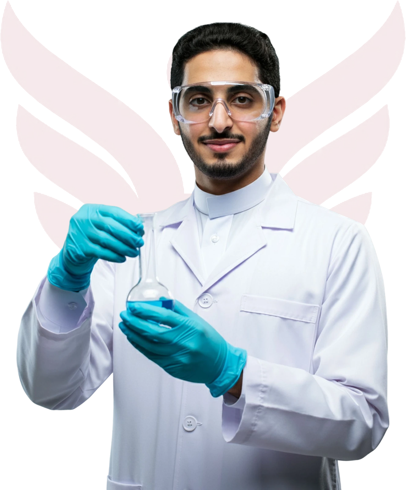 Pharmaceutical sciences researcher with flask and PCU wing crest watermark